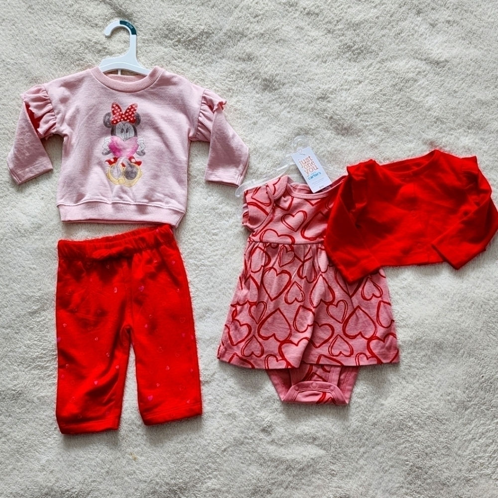 New baby girl Valentine's Day outfit bundle, Minnie Mouse set, dress set
